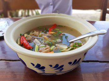 Close-up of soup in bowl on table