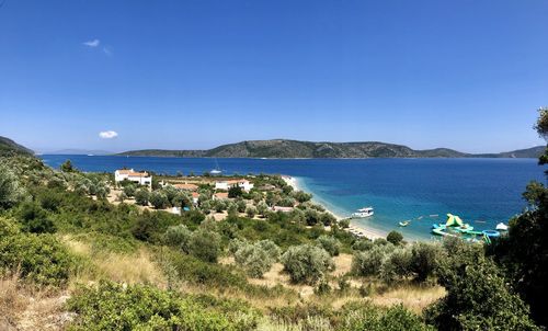 Scenic view of sea against clear blue sky