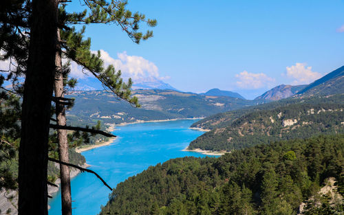 Scenic view of lake and mountains against sky