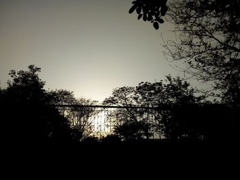 Silhouette trees by lake against clear sky during sunset