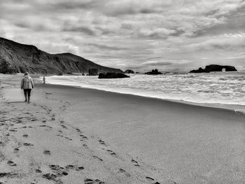 Rear view of man on beach against sky