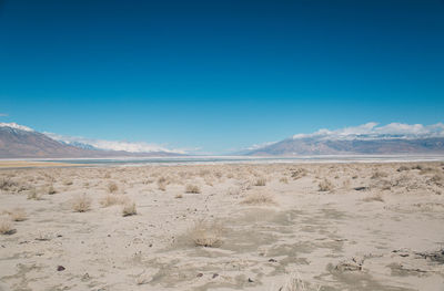 Scenic view of death valley desert against blue sky