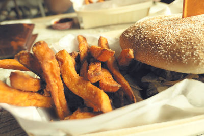 Close-up of burger on table