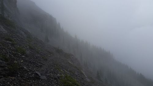 Scenic view of mountains against sky during foggy weather