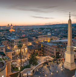 High angle view of cityscape against sky during sunset