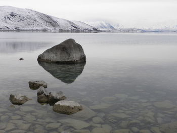 Scenic view of lake by snowcapped mountain against sky