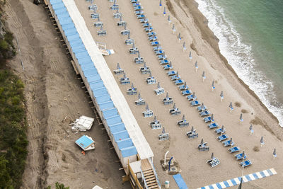 High angle view of umbrellas on beach