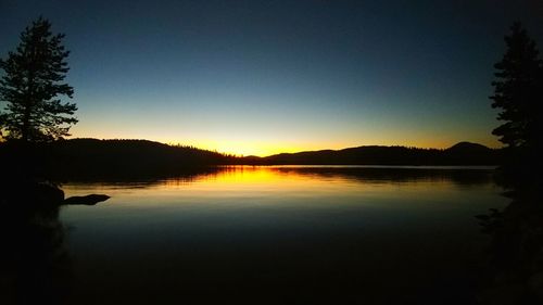 Scenic view of lake against clear sky during sunset