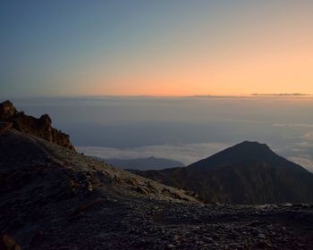 Scenic view of mountains against sky during sunset