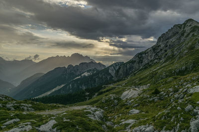 Scenic view of mountains against sky during sunset