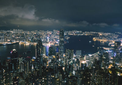 Aerial view of illuminated buildings against sky in city at night