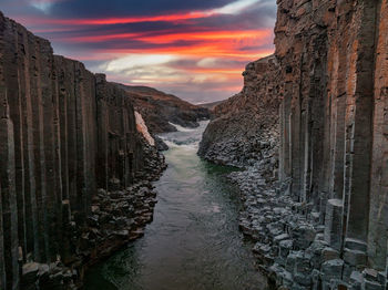 Epic view of the studlagil basalt canyon, iceland.