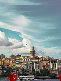 Buildings in city against cloudy sky