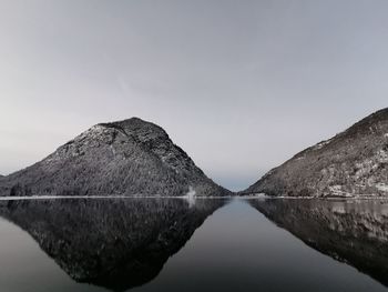 Scenic view of lake and mountains against clear sky