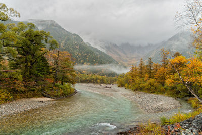 Scenic view of river by mountains against sky