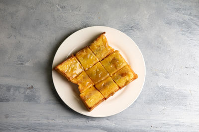 High angle view of breakfast in plate on table