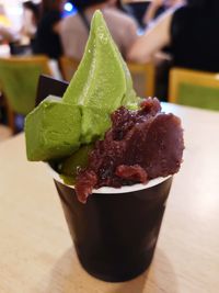 Close-up of dessert in glass on table