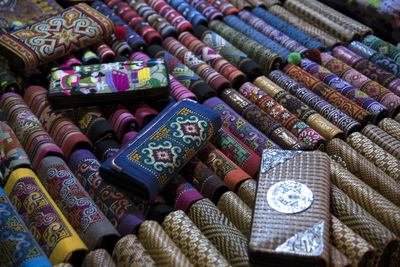 Full frame shot of various purses for sale at market stall