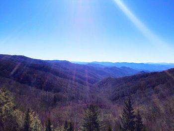 Scenic view of mountains against clear blue sky