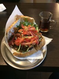 High angle view of food in plate on table