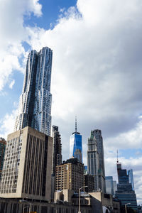 View of the new york skyline from the brooklyn bridge