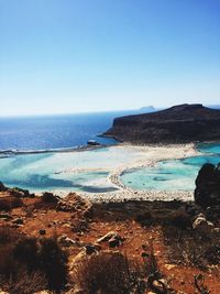 Scenic view of sea against clear blue sky