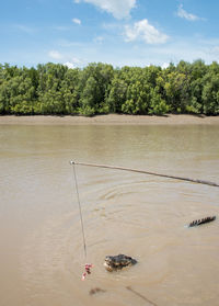 Fishing rod by trees on lake against sky