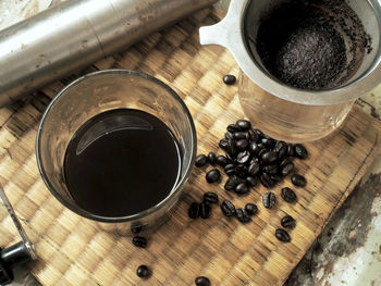 High angle view of coffee cup on table