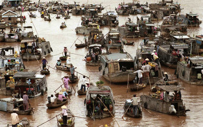 High angle view of people in boats on river