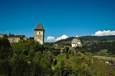 Buildings against blue sky and clouds