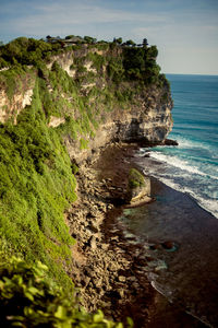 Scenic view of rocks by sea against sky