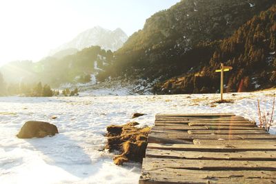 Scenic view of lake by mountains against clear sky