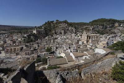 High angle view of scicli old town against clear sky