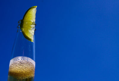 Close-up of drink against blue background