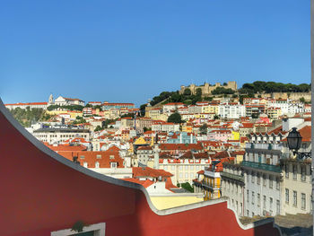 Buildings in town against clear sky