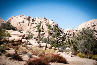 Rock formations on landscape against clear sky