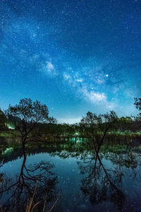 Scenic view of lake against sky at night