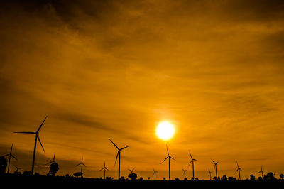 Silhouette of wind turbines at sunset