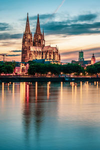 Panoramic view of cologne cathedral at nightfall, germany.