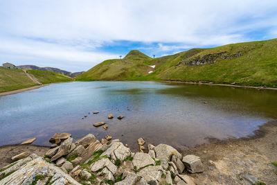 Scenic view of lake and mountains against sky