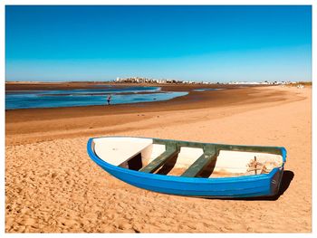 Scenic view of beach against clear blue sky