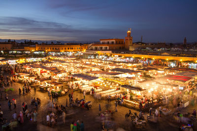 High angle view of illuminated buildings at night