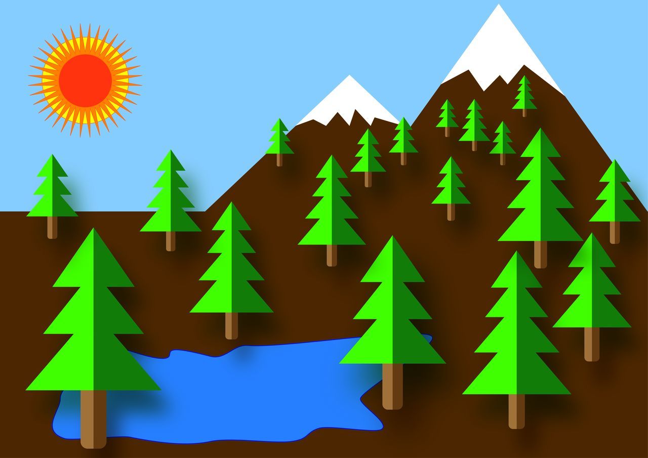 Pine forest landscape illustration when sunny day visible lake and snowy mountain peak. Blue No People Nature Multi Colored Green Color Clear Sky Shape Sky Day Hanging Outdoors Paper Yellow Choice Low Angle View Leaf Variation Bunting Plant Snowy Peaks Pine Woodland Vector Illustration Blue Sky Mountain Peak