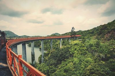 Train on bridge over lake by trees against cloudy sky