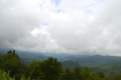 Scenic view of mountains against cloudy sky