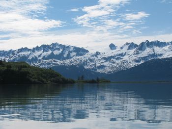 Scenic view of lake and snowcapped mountains against sky