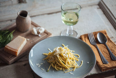 High angle view of pasta on plate