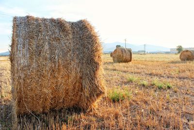 Hay bales on field against sky