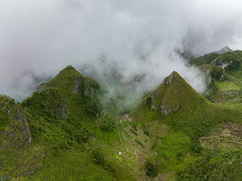 Aerial drone of osmena peak. view of green mountains. cebu philippines.