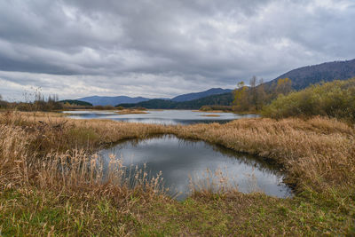 Scenic view of lake against cloudy sky